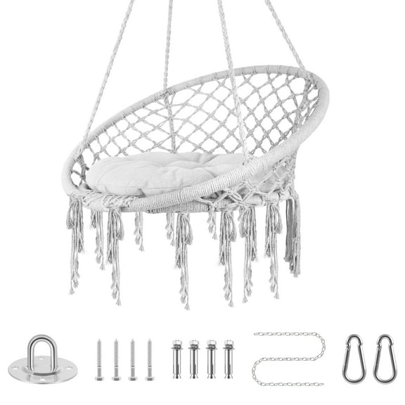 Swing Seat for Adults, Max Load 330 lb, Double Weave Border, Gray Macrame Swing Seat, Hammock Swing Chair, Ideal for Pergola, Garden, Apartment