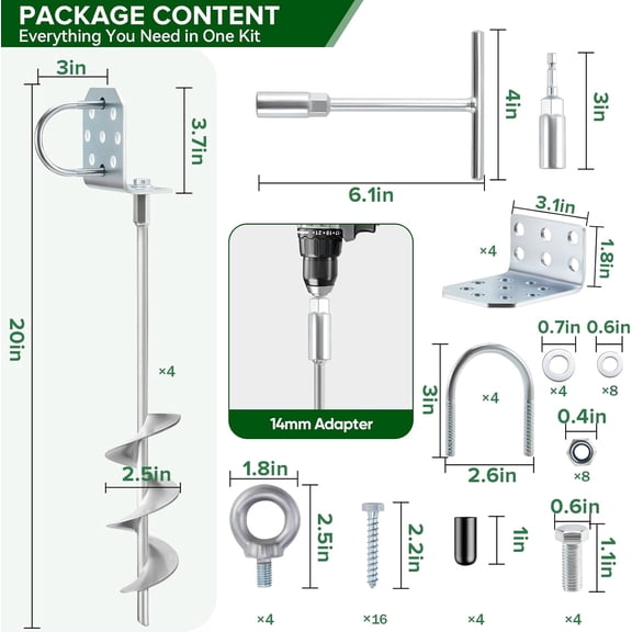 Swing Set Anchors– Heavy Duty Ground Anchors Screw in with L- & Drill Adapter, Fully Welded Spiral Earth Anchor for Storage Sheds, Trampoline, Fence, Carports