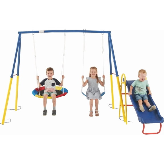 Swing Set for Backyard, 3 in 1 Metal A-Frame Swing Set with Slide, Saucer Swing & Belt Swing for Kids, Outdoor Playset with 6 Ground Stakes, Easy Assembly