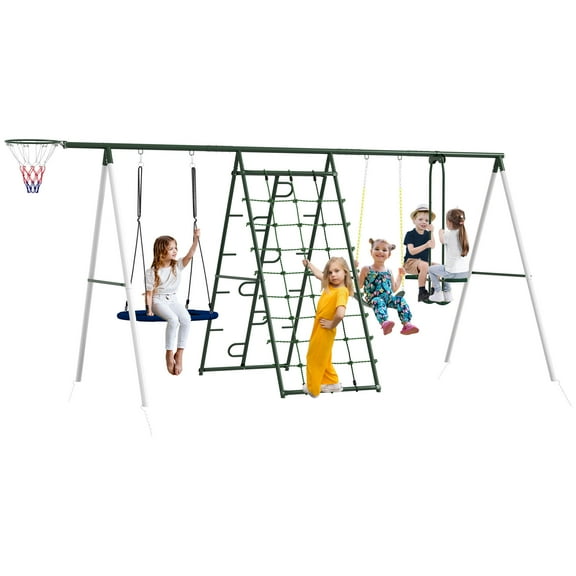 Swing Set for Backyard, 5 in 1 Heavy-Duty A-Frame Stand Outdoor Playset for Kids, with Saucer Swing, Slide, Swing Seats, Glider, Basketball Hoop, Climbing Steps and Net