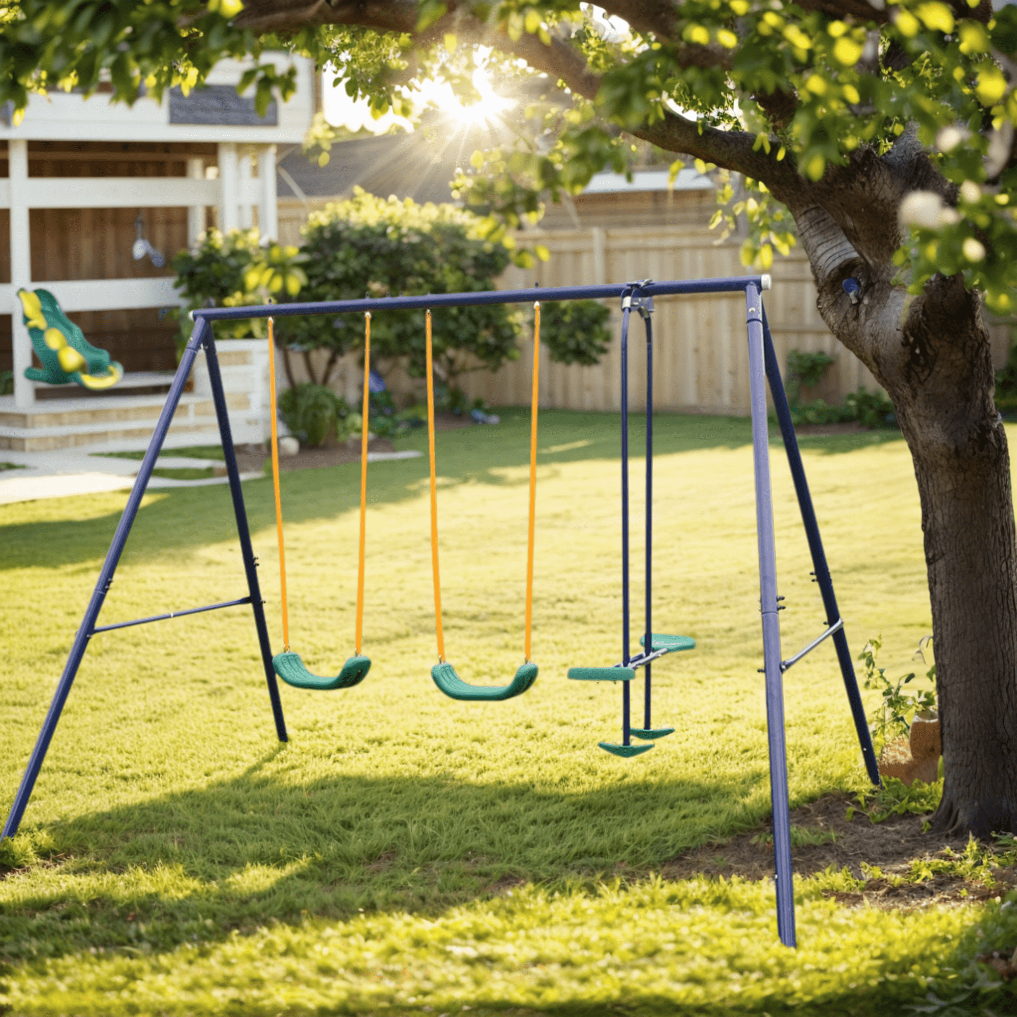 ZENSTYLE Double Metal Swing Set w/2 Saucer Seats, Seesaw
