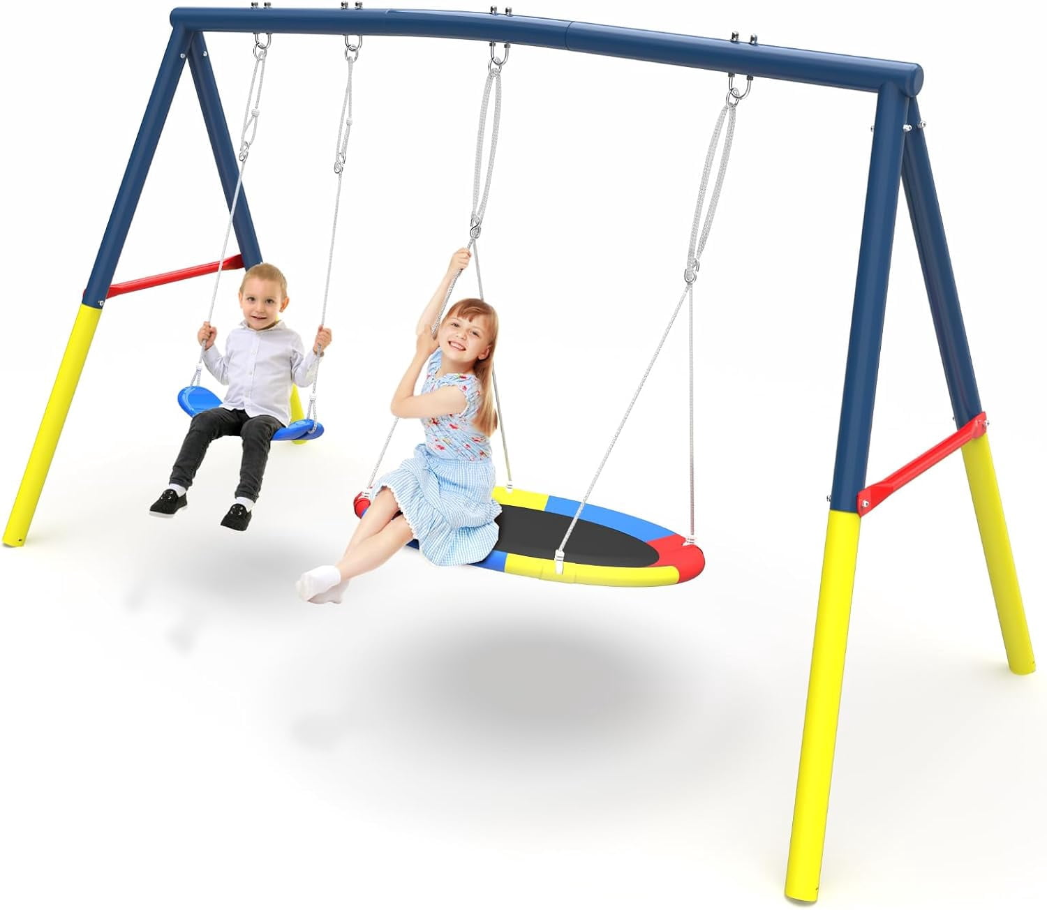 Swing Set for Backyard with Stand, NBBGS Baby Swing Outdoor Playset Heavy Duty 440lbs Metal A-Playground Sets for Backyards with 32" Saucer Swing & 26.2" Seats