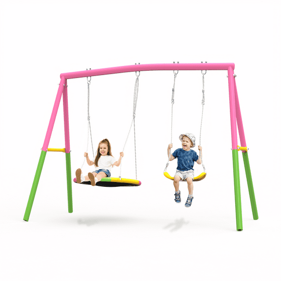 Swing Set for Backyard, 440lbs Swing Set with Heavy-Duty A-Frame Metal Outdoor Swing Stand, 1 Saucer Swing Seat & 1 Belt Swings Seat