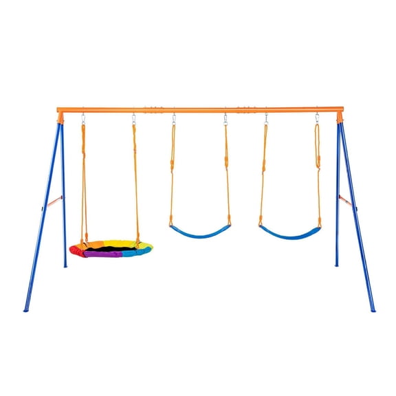Swing Set for Backyard, 600lbs Capacity, A-Frame Metal Swing Set with Saucer & Belt Swings, Adjustable Ropes, Outdoor Play Equipment for Kids