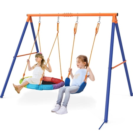 Swing Set for Backyards 440 lbs Heavy Duty Metal Frame, with 1 Saucer Swing Seat and 1 Belt Swing Seat, for Outdoor Backyards Playgrounds