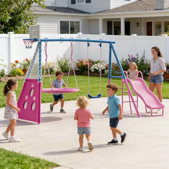 Swing Set for Kids Outdoor Heavy-Duty Metal Swing Set with Slide, Backyard Playset Holds Up to 440lbs, for Ages 3-8,Pink,Blue
