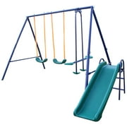 Swing Sets for Backyard, 4 in 1 Swing Playset Set with 2 Swing, Seesaw Swing and Slide for All Kids Age 3-10, Heavy Duty Metal Swing Sets Activity Climb Swing Structure for Garden, Playground, Park