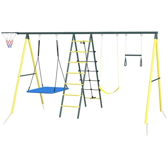 Swing Sets for Backyard, 5 in 1 Heavy-Duty Metal Swing Sets for Backyard with 2 Swings, Climbing Ladder and Basketball Hoop, A-Frame Swing Set for Outdoor, Backyard, Playground
