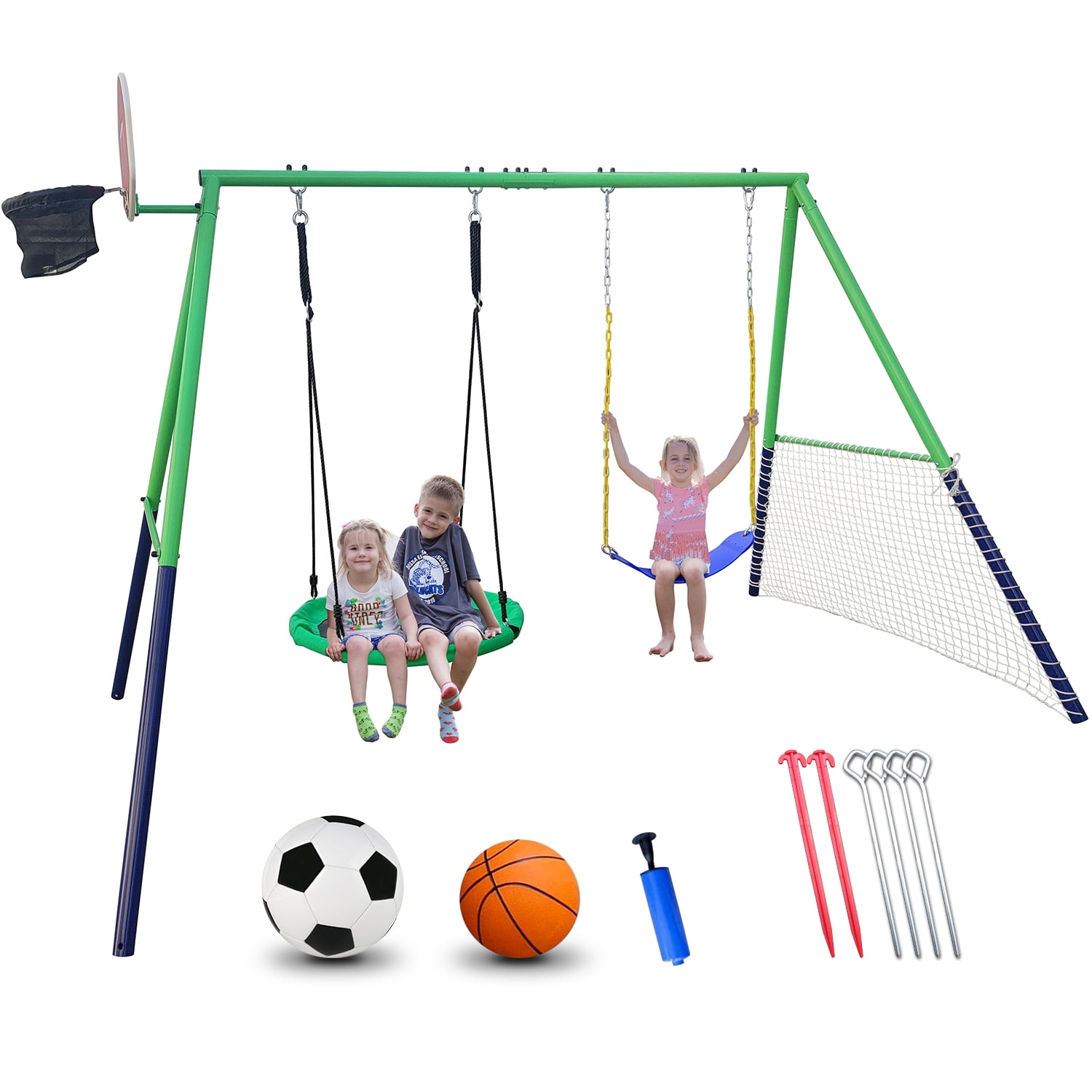 JumpTastic 4in1 Outdoor Swing Set with Saucer Swing, Seat, Basketball