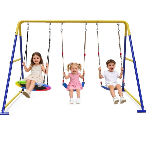 Yacona Swing Sets for Backyard, with Saucer & Belt Swing, Playground Sets for Backyards, Outdoor Swingset for Kids, Yellow