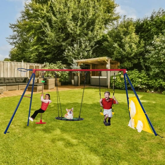 Swing Sets For Kids, 550lbs A-Frame Metal Stand With Canvas Swing, Swing Seat, Large And Small Disc Swing, Basketball Hoop And Football Net, Play Equipment For Playset
