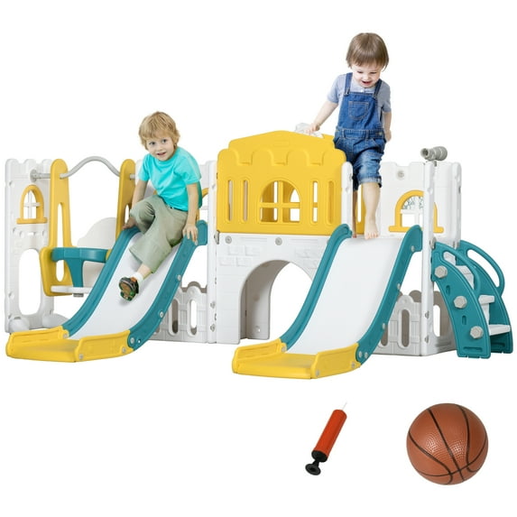 Swing Sets for Kids Qaba 8 in 1 Toddler Slide and Swing Set with 2 Slides, Baby Slide for Ages 1-3 with Basketball Hoop, Climber, Aisle, Steering Wheel, Storage Space, Telescope, Indoor Playground, Y
