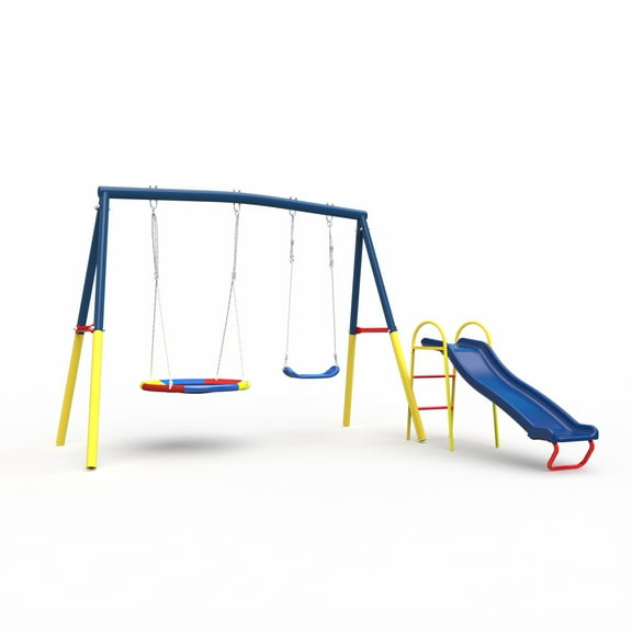LuckyNote3 in 1 Outdoor Swing Set with Slide & Saucer Swing - Heavy-Duty Metal Backyard Playset, Easy Assembly, Blue