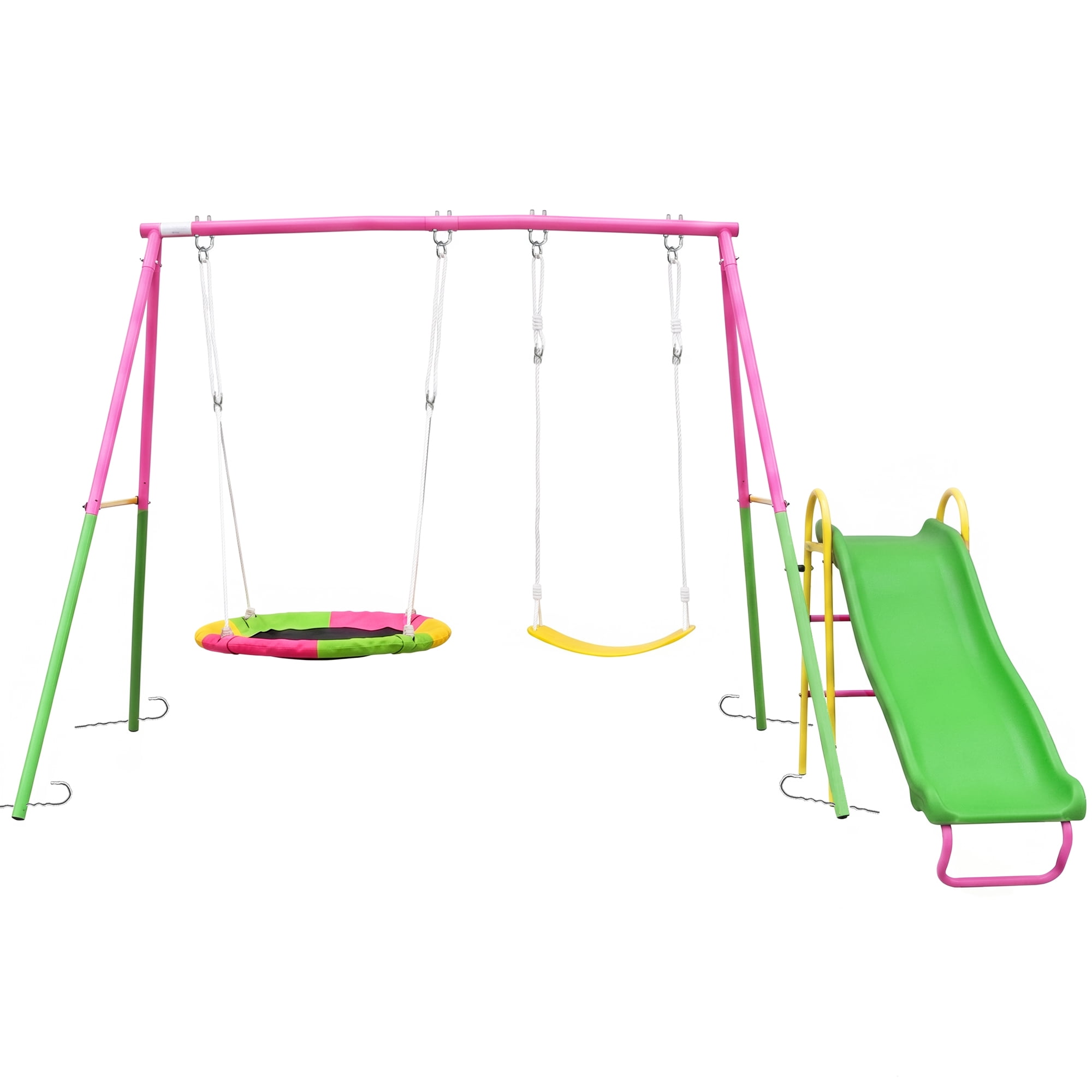 Swing Sets for Backyard with Kids Slide, Outdoor Heavy-Duty Metal Playset 3 in 1 Swing Set with Slide