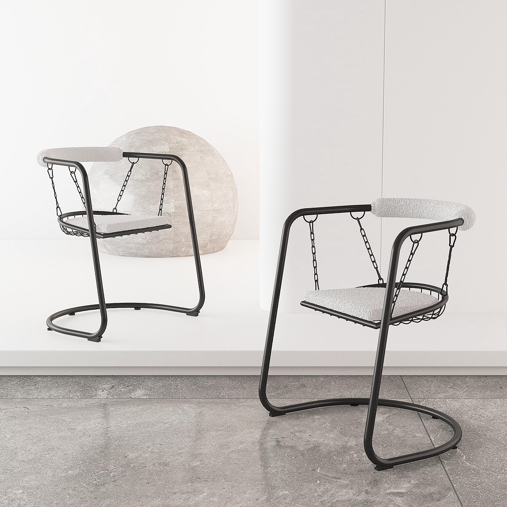 Swing Sherpa Accent Chairs Set of 2 for Bedroom, Metal Framed Arm Chairs with Suspended Seat, Black and White Boucle Chairs, Modern Accent Chair for Living Room, Bedroom