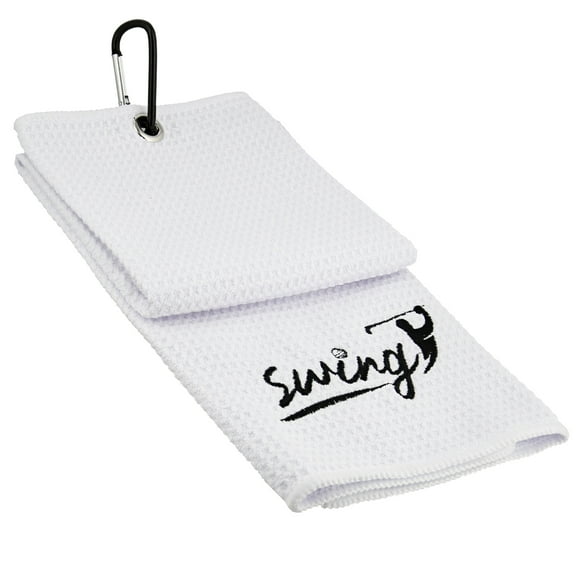Swing Sports Golf Towel With Clip - White Waffle Tri-Fold Microfiber Golf Towel