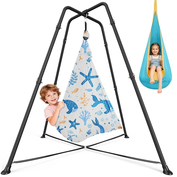Sensory Swing with stand and Pod Swing, Sensory Chair Indoor/Outdoor, Swing Set for Kids & Adults, 330LBS, Fox Print