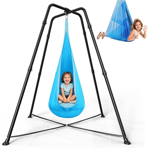 SEMOPRUS Sensory Swing Chair with Stand, X-Shaped Swing Frame with Set for Adults Indoor Outdoor, 330LBS Weight Capacity, Blue