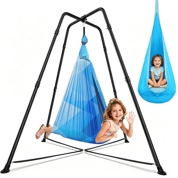 SEMOPRUS Sensory Swing Chair with Stand, X-Shaped Swing Frame with Set for Adults Indoor Outdoor, 330LBS Weight Capacity, Blue