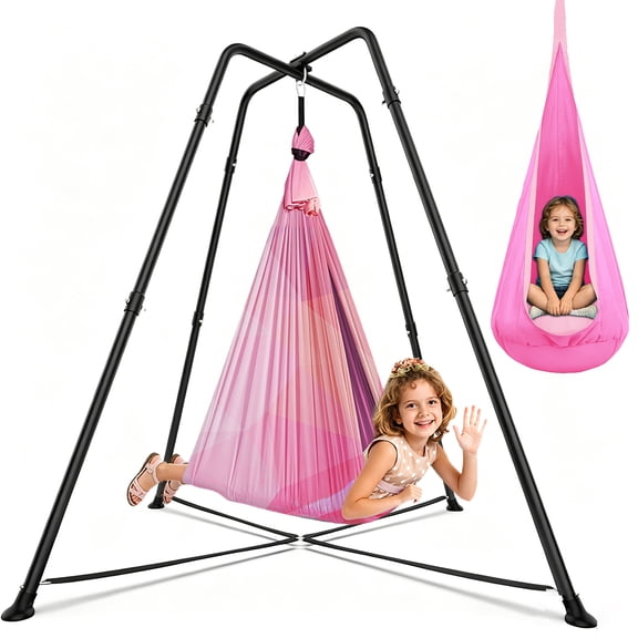 SEMOPRUS Sensory Swing Chair with Stand, X-Shaped Swing Frame with Set for Adults Indoor Outdoor, 330LBS Weight Capacity, Pink