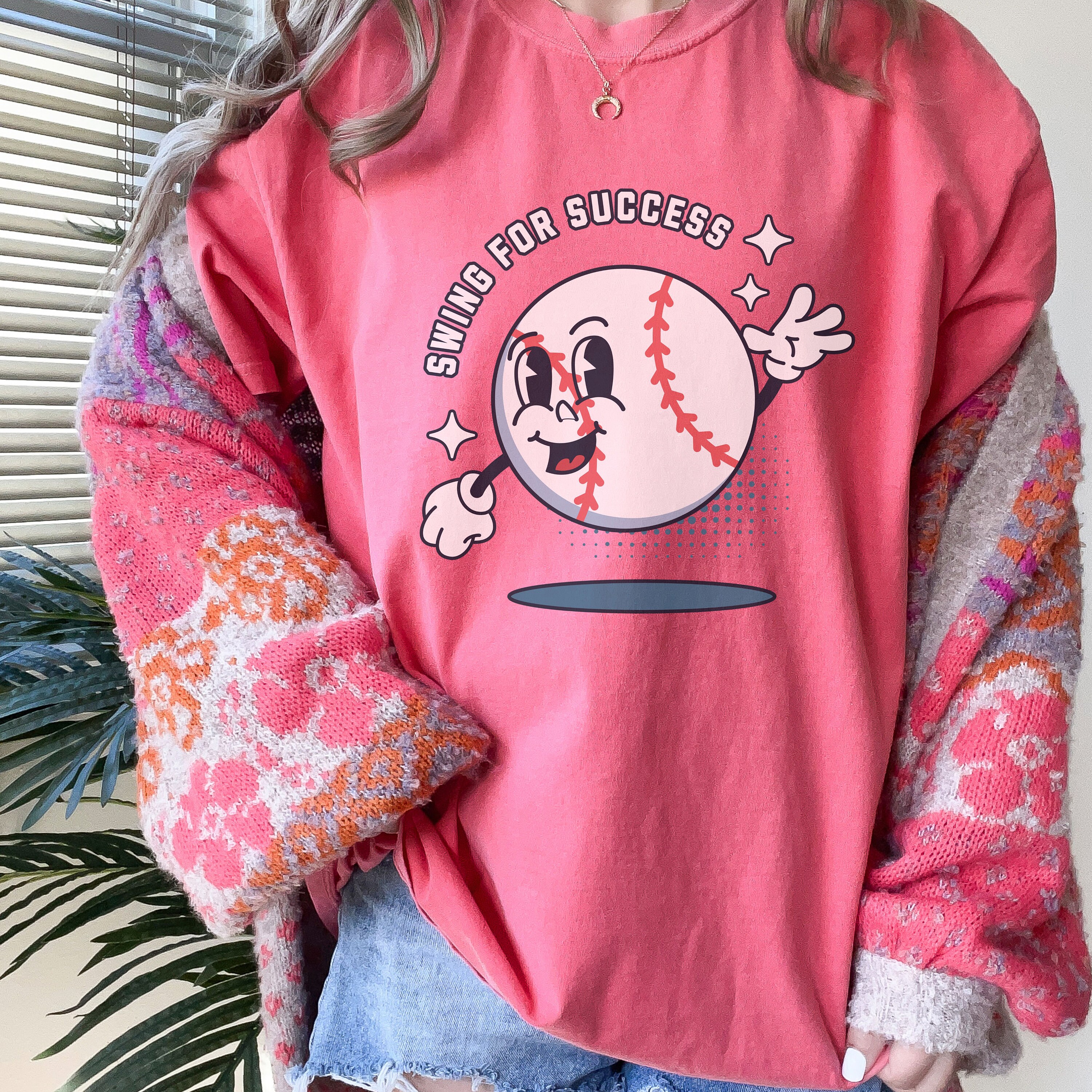 Swing for Success Baseball Comfort Colors Shirt, Unisex Family Baseball Shirt, Baseball Game Day Tee, Baseball Vibes Shirt, Baseball Mom (Colors:Watermelon; Sizes:L;)