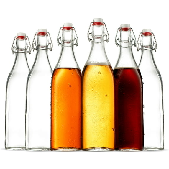 Swing Top Clear Glass SQUARE Bottle With Airtight Stopper - 33.75 oz (6 Pack) Fliptop Bottles Great for Oil and Vinegar, Beverages, Homemade Juices, Smoothies, (Not For Carbonated Beverages)