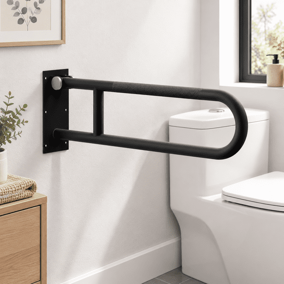 Swing Up 30 Inch Grab Bar, Matte Black with Knurled Grip, 500 Lb Capacity Bathroom Safety Rail
