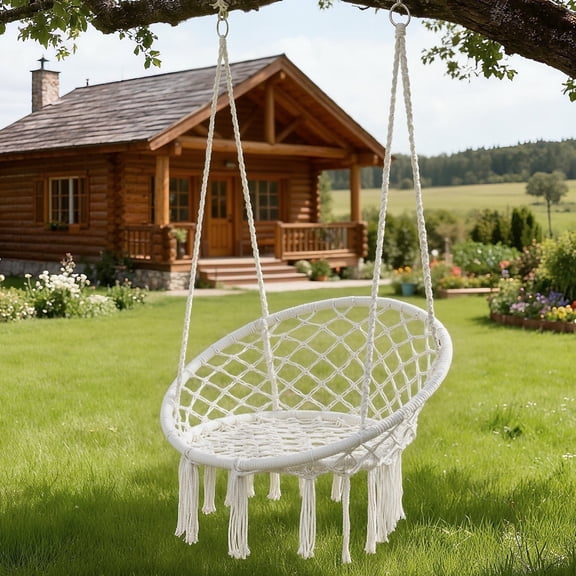 Garpans Hammock Chair Macrame Swing Chair Handmade Knitted Hanging Cotton Rope Chair for Indoor/Outdoor Home Patio Deck Yard Garden Reading Leisure Beige