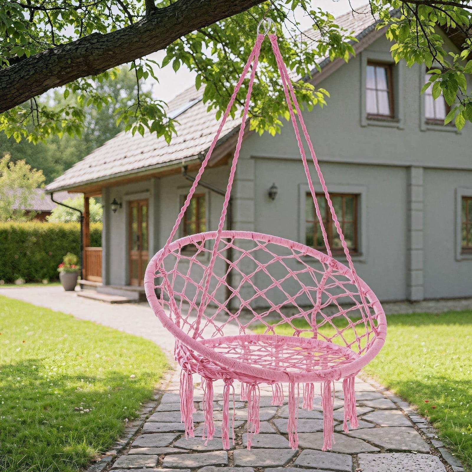 Garpans Hammock Chair Macrame Swing Chair Handmade Knitted Hanging Cotton Rope Chair for Indoor/Outdoor Home Patio Deck Yard Garden Reading Leisure Pink