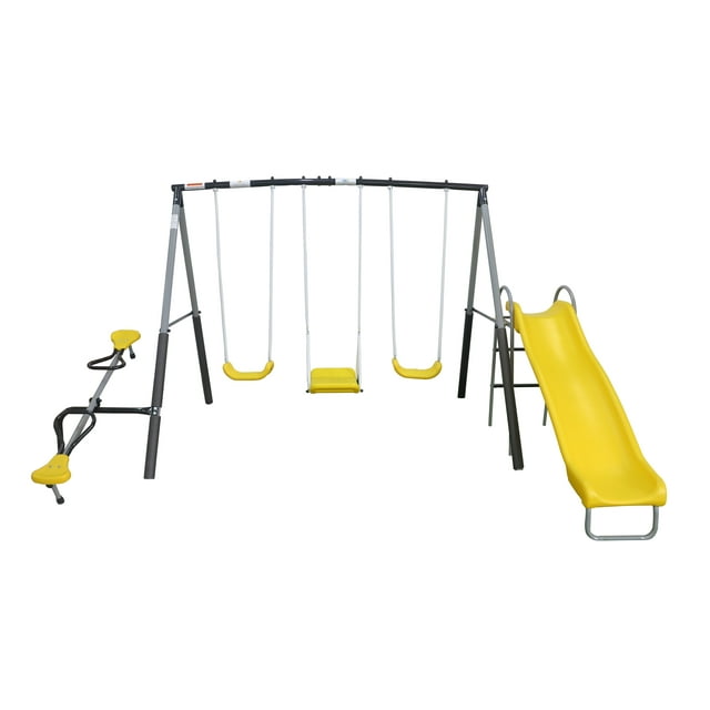Swing-in Again Metal Swing Set by XDP Recreation with two Swing Seats, See-Saw, and Wave Slide