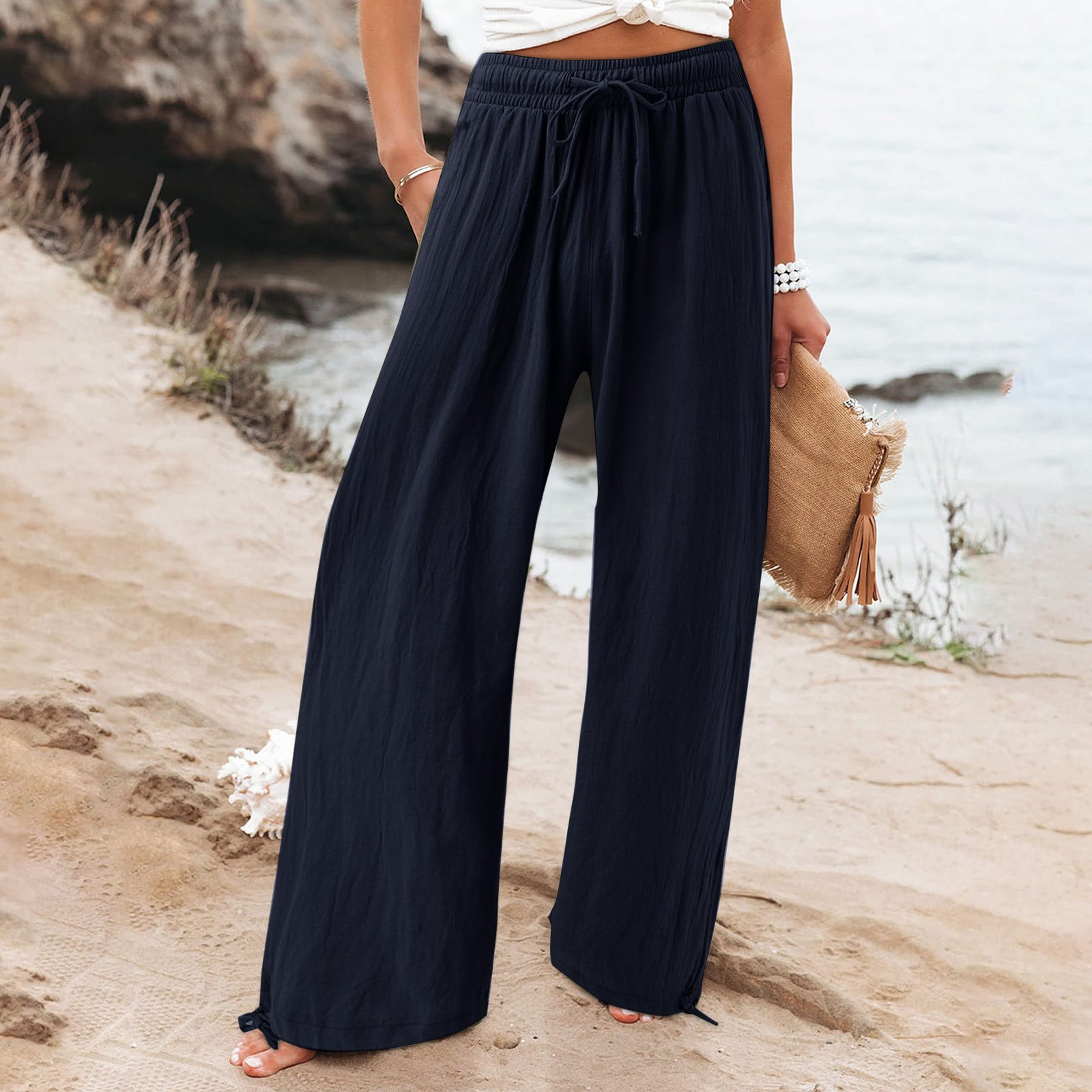 MIVAMIYA Palazzo Pants for Women Comfy Linen Drawstring Wide Leg Lounge  Pants Plus Size Yoga Pajama Trousers S-3XL