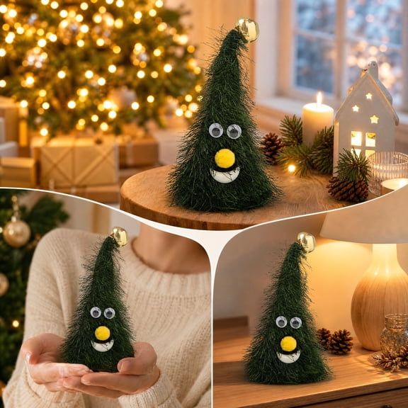 Swinging Christmas Hat Tree Toy Animated Ornament Interactive Festive Tabletop Decor, Motorized Swaying Motion, Soft PVC, 6 Inch, Battery Operated, Cute Big Eyes Smiling Face