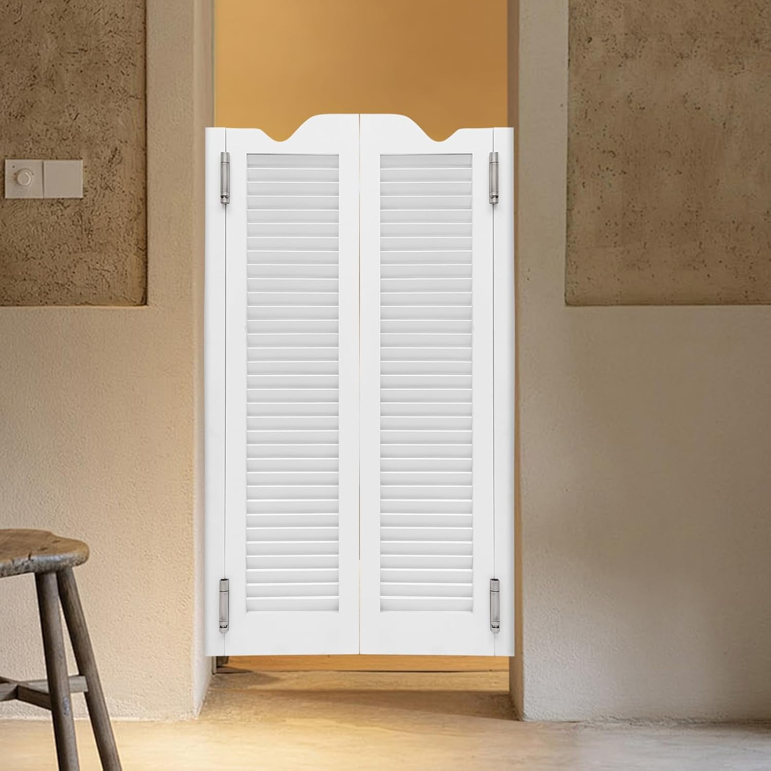 Swinging Saloon Doors - White Louvered Wood Cafe Doors, 24"W X 42"H Pair | For Kitchen, Bar, Porch
