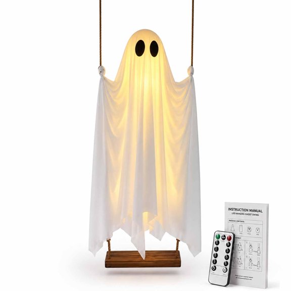Swinging Ghost Halloween Decoration, 5 FT Large Hanging Ghost with Detachable Witch Hat, LED Lights, Remote Control, Easy Assembly for Yard Garden Porch Patio Decor