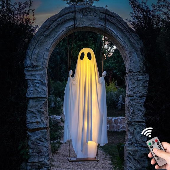 Swinging Ghost Outdoor Decor, 3.3 Ft Hanging Ghosts Halloween Decor with Remote Control, Ghosts on a Swing Decoration, Scary Party Outside for Front Door, Porch, Garden, Yard, Tree(With control)