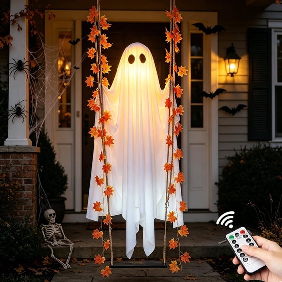 Swinging Ghost Outdoor Decor, 5 FT Large Hanging Halloween Ghost Decoration with Detachable Witch Hat, LED Lights, Remote Control & Manual, Easy Assembly Yard Garden Patio Porch Decor