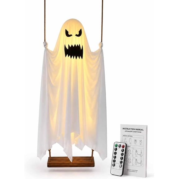 Swinging Ghost Outdoor Decor, 5 FT Large Hanging Halloween Ghost Decoration with Detachable Witch Hat, LED Lights, Remote Control & Manual, Easy Assembly Yard Garden Patio Porch Decor,No hat-Angry
