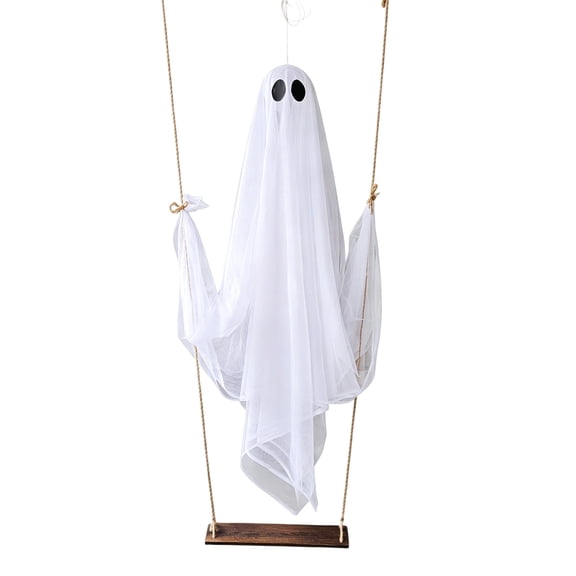 Swinging Ghost Outdoor Decor - 6.5FT Large Hanging Ghost Halloween Decoration with Wooden Board, Spooky Ghost Decoration for Tree Porch Yard Garden Lawn, Include battery (White)