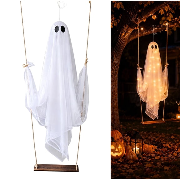 Swinging Ghost Outdoor Decor Halloween Hanging Ghost Decorations Lighted Wooden Frame Ghost Swing Ornament Spooky Glowing Specter Hanging Prop for Lawn Porch Tree Halloween Party Yard Decor,White
