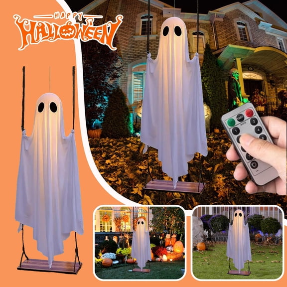 Swinging Ghost Outdoor Decor Hanging Swing Ghost with String Lights Ghost on a Swing Halloween Decorations Indoor Outdoor Large Scary Hanging Glowing Ghost with Remote Control for Porch Yard Tree
