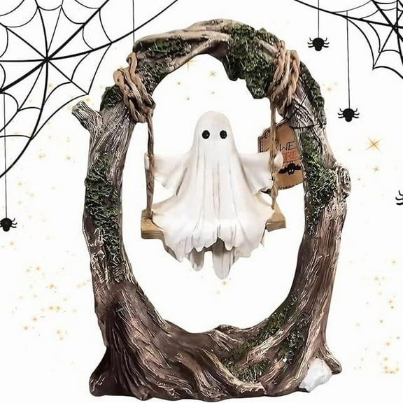 Swinging Ghost on Tree Swing - Cute Spooky Halloween Decor, Ghost Figurine & Ornament for Indoor Outdoor Porch, Desktop, Bookshelf Decorations