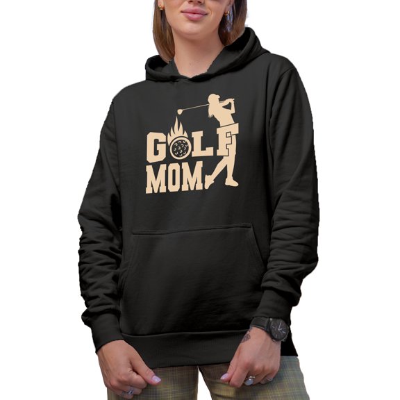 Swinging Golf Mom with a Swinging Woman or Mother Golf Player, Golfing or Golfer Themed Merch Gift, Black Hooded Sweatshirt or Hoodie, Small