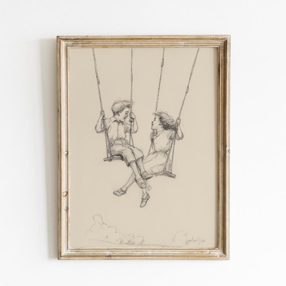 Swinging Line Art Children Playing Sketch Minimalist Nursery Decor Childhood Memories Wall Art