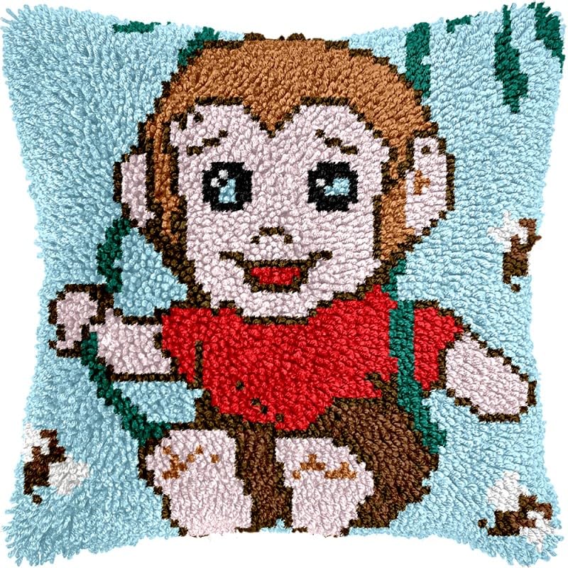 Swinging Monkey Latch Hook Pillow Kits Pillow Cover with Pattern Printed Canvas Sofa Hooking Pillowcase Cushion Crafts Embroidery Latch Hooking Crochet Starter Kits 17x17 inch(1)