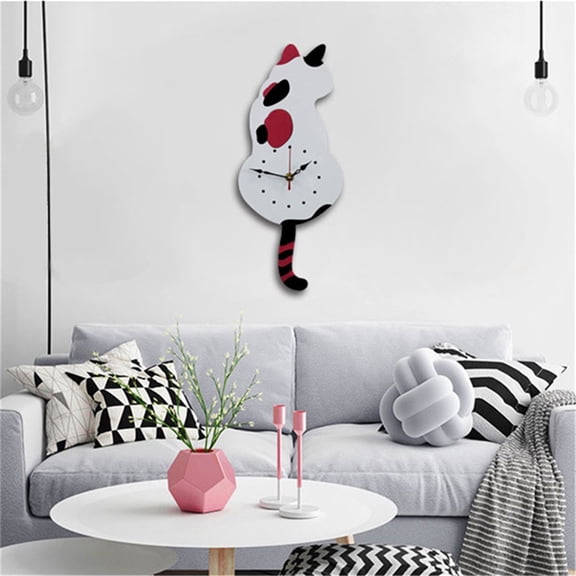 Swinging Tail Cat Wall Clock, Playful Art Clock for Living Room Bedroom, Scandinavian Style Cat Design with Moving Tail, Children's Room Decorative Clock