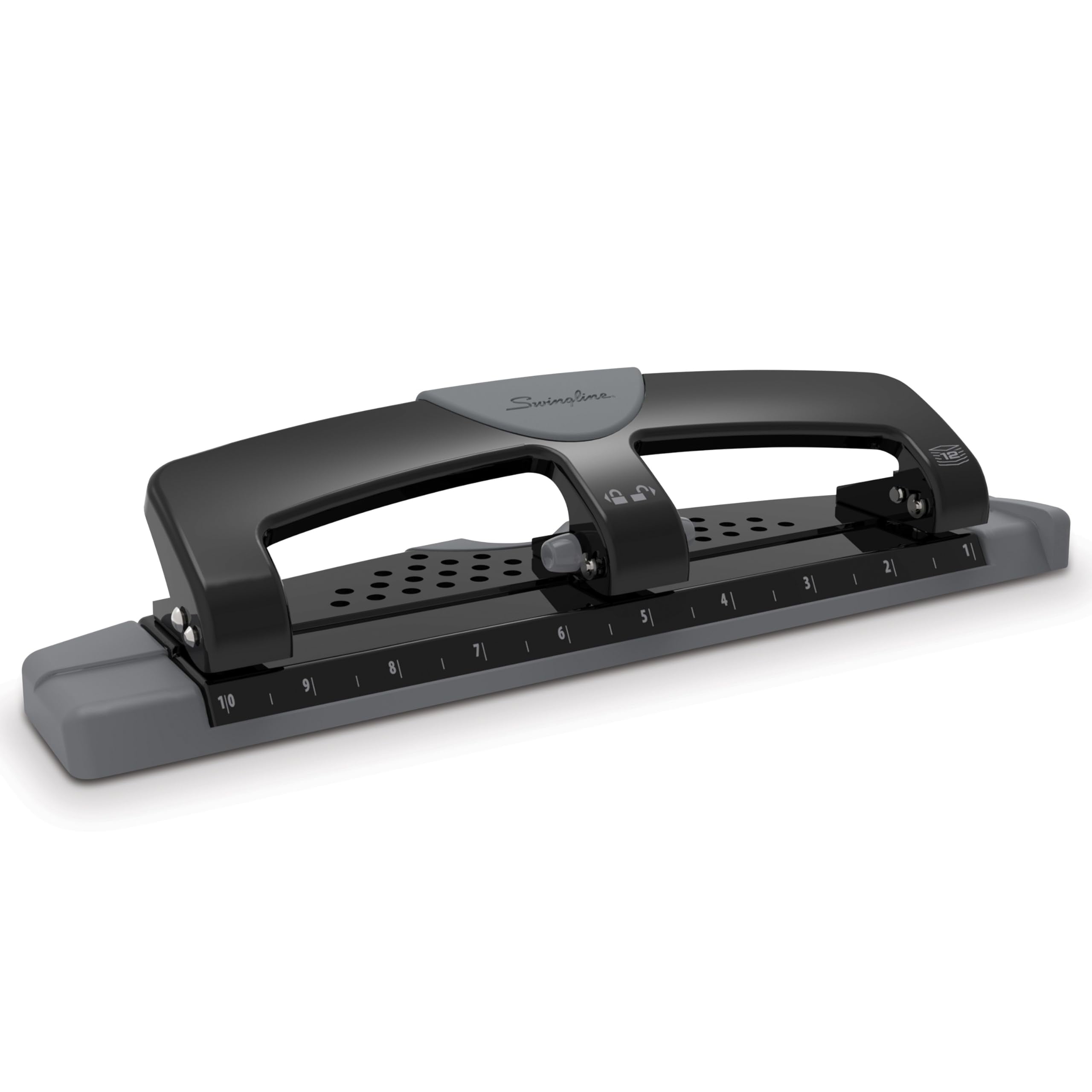 Swingline 3 Hole Punch, 12 Sheet Capacity Three Hole Puncher 3 Ring, Paper Punch, SmartTouch Low Effort, Alignment Guide, Black & Silver (74134) J101