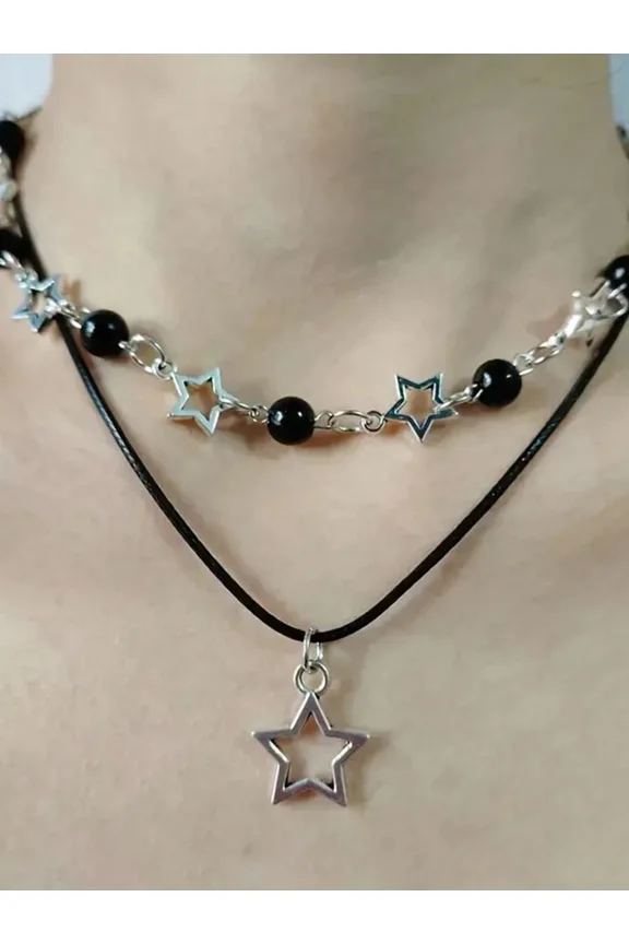 Swirl Black Black Layered Star Pendant Necklace Set With Beads And Chain