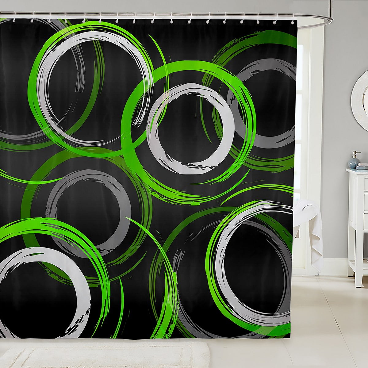 Swirl Circle Shower Curtain for Boys Girls,Black Grey Green Bathroom