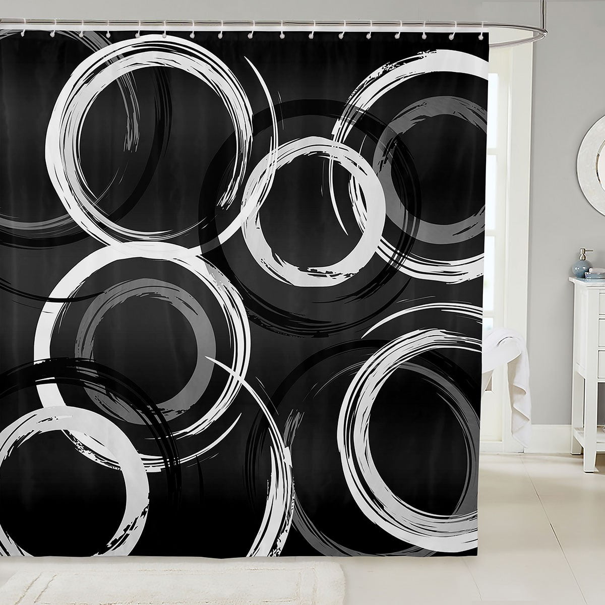 Swirl Circle Shower Curtain for Boys Girls,Retro Black Grey White