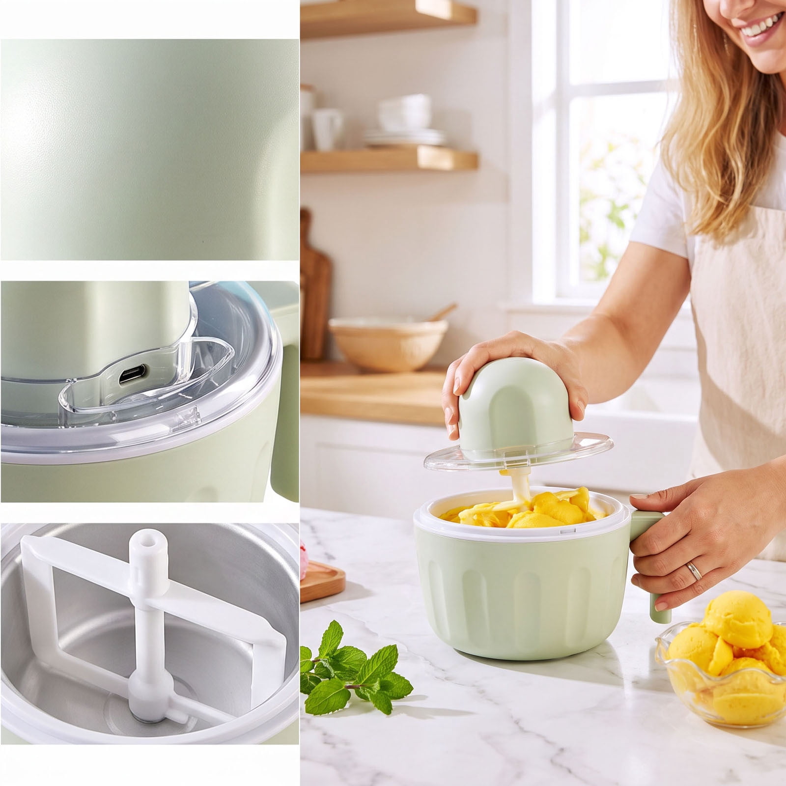 Swirl Cup Ice Cream Maker Mug, Rechargeable Ice Cream Maker, Portable Automatic Homemade Yogurt Sorbet Machine, USB Charged Dessert Maker for Home Kids, Green